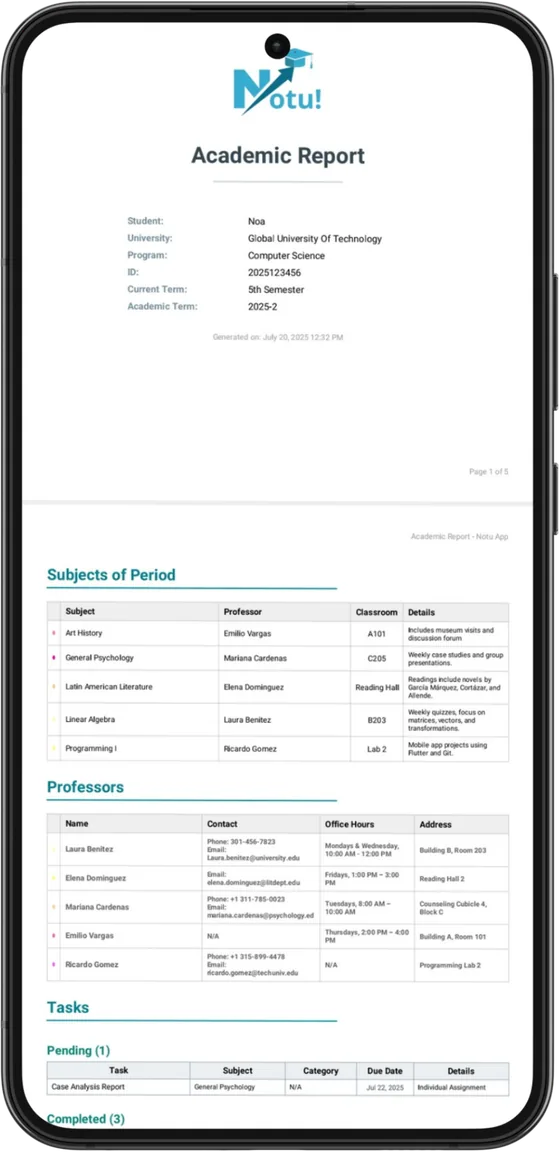 Informe académico en PDF generado por Notu, con materias, profesores y tareas