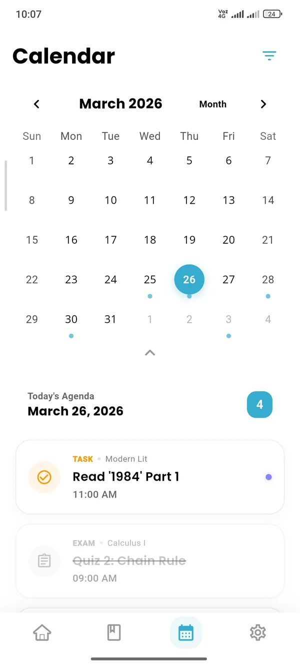 Calendario de Notu con la agenda del día: una tarea de lectura y un quiz