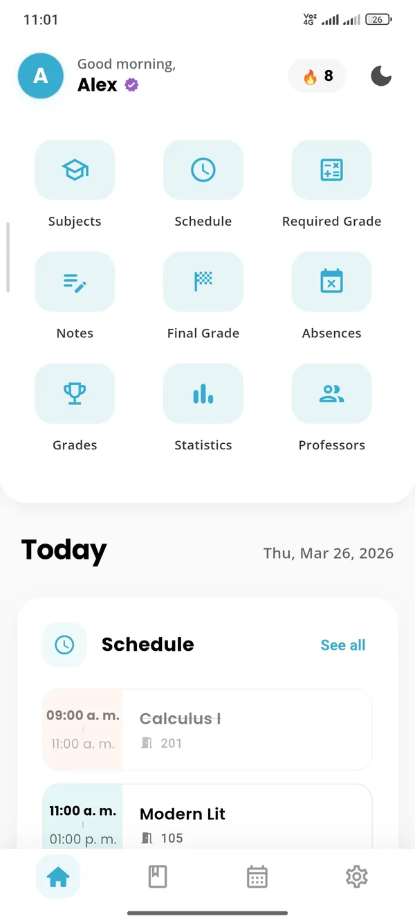 Pantalla de inicio de Notu con los accesos a materias, horario y nota necesaria, y las clases del día